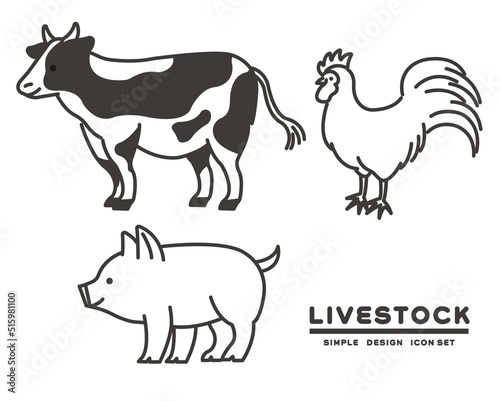 シンプルでかわいい牛や豚などの畜産関係の動物のアイコンベクターイラスト素材／畜産／食材