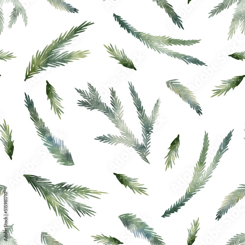 Watercolor hand drawn simple seamless pattern with illustration of green Christmas tree, spruce, fir branches. New Year fir-needle natural elements isolated on white background. Winter wallpaper