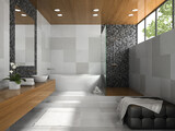 Interior of stylish bathroom with grey walls 3D rendering
