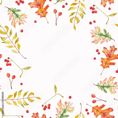 Watercolor autumn leaves and berries frame hand drawn for textile, napkins, decor