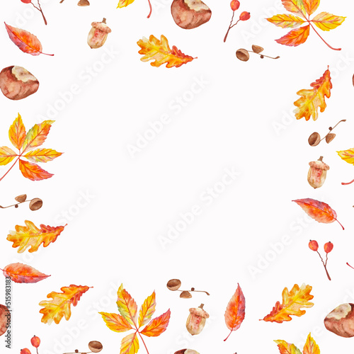 Watercolor autumn frame with colorful leaves  chestnuts  acorns and red berries for textile  napkins  decorations