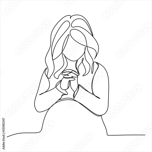 Continuous line drawing of little girl praying for peace, facial expression, young woman not wearing shoes, standing on floor.