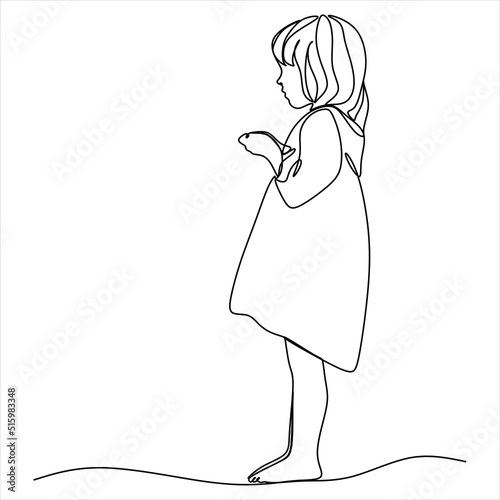 Continuous line drawing of little girl praying for peace, facial expression, young woman not wearing shoes, standing on floor.