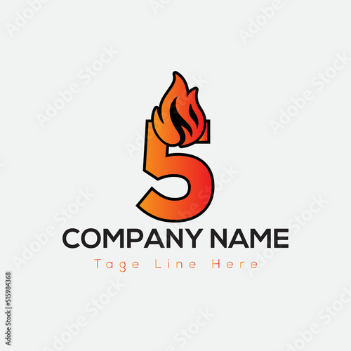 Fire Logo On Letter 5 Template. Fire On 5 Letter, Initial Fire Sign Concept