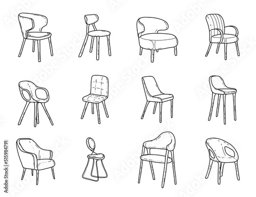 A sketch of a set of upholstered chairs and armchairs for the interior, hand-drawn in different sizes and types, modern and vintage. doodle style, sketch. Silhouette with a black outline.