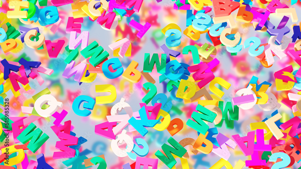 Abstract background, multicolor 3D letters floating over white background, 3D render illustration. Abstract background, multicolor 3D letters floating over white background, 3D render illustration.