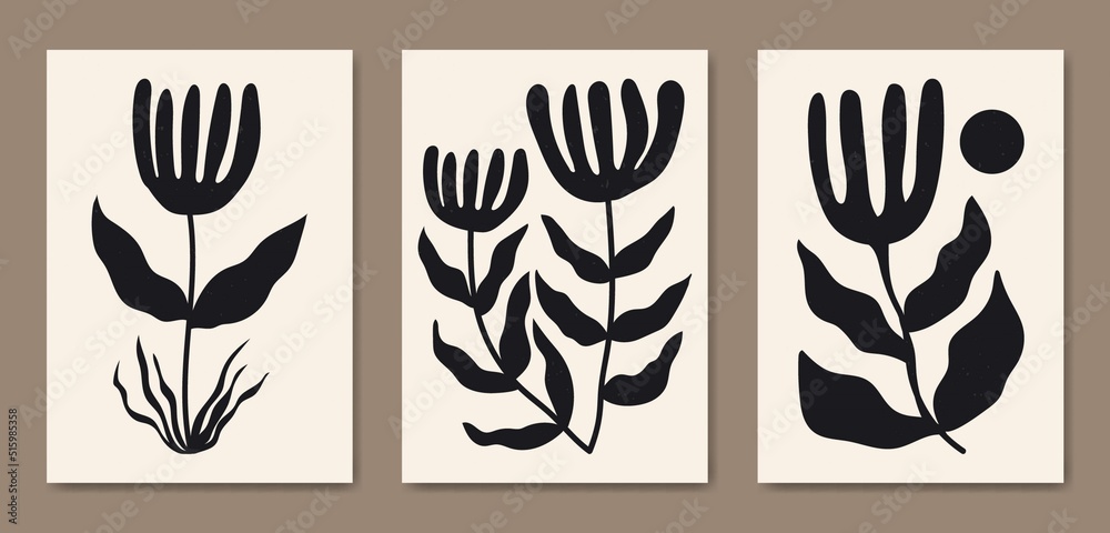 Fototapeta premium Abstract Contemporary mid century modern Floral leaves boho poster cover template.Minimal and natural flower compositions for postcard, cover, wallpaper, wall art, home decor