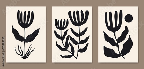 Abstract Contemporary mid century modern Floral leaves boho poster cover template.Minimal and natural flower compositions for postcard, cover, wallpaper, wall art, home decor