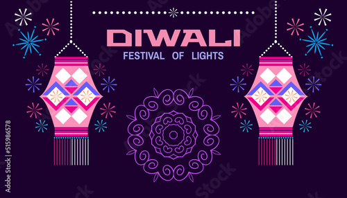 Traditional Indian festival Diwali. Happy Festival of lights Deepavali Template for banner, poster, greeting card. Festive Burning diya graphic design background. Vector abstract flat illustration