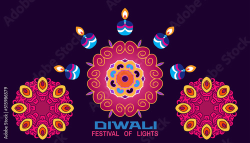 Traditional Indian festival Diwali. Happy Festival of lights Deepavali Template for banner, poster, greeting card. Festive Burning diya graphic design background. Vector abstract flat illustration