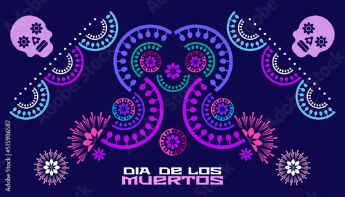 Dia de Los Muertos, Day of the Dead or Halloween greeting card, banner, invitation. Sugar tatoo skulls, candle, marigold flowers, Catrina Calavera traditional mexico skeleton decoration Vector