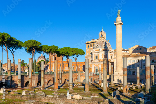 Forum of Trajan, part of Forum Romanum, view of the ruins of several important ancient  buildings, Trajan's Column, Rome, Italy photo