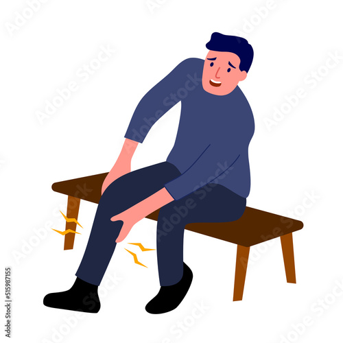 Young man have knee pain, leg pain in flat design on white background. Guy use hand touching on leg and massage to relax his muscle.
