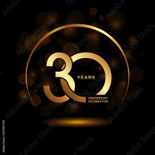 30 years Anniversary celebrations logo with golden ring. Gold color is elegant and luxurious. Logo vector template.