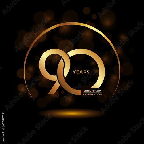 90 years Anniversary celebrations logo with golden ring. Gold color is elegant and luxurious. Logo vector template.