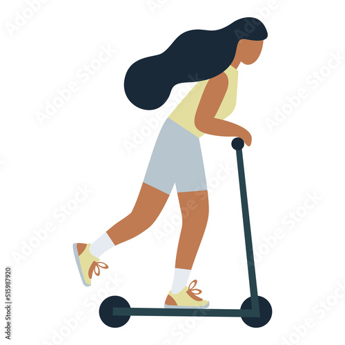 Young girl riding a scooter illustration isolated on white background. Vector