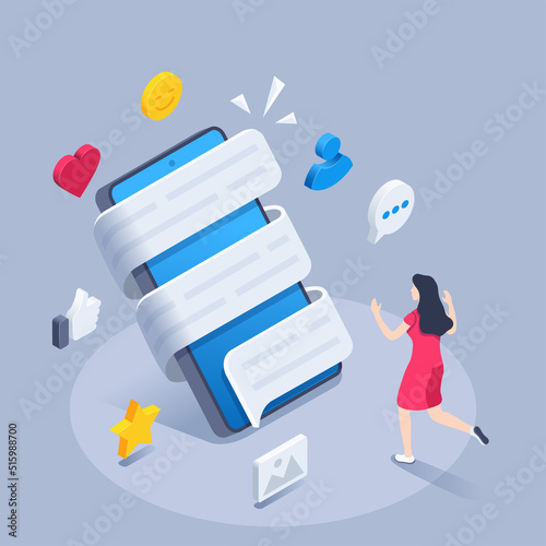 isometric vector illustration on a gray background, a smartphone is all wrapped around with a text message and popular icons near it, a woman running to a smartphone, app or messenger