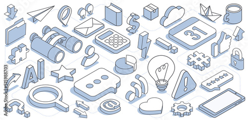 isometric vector illustration on a white background, a set of linear icons in the form of a composition for a banner, social networks or business