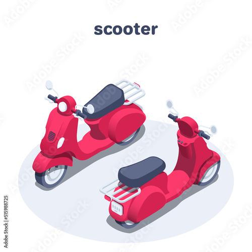 isometric vector illustration isolated on white background, red motor scooter front and back view, delivery vehicle