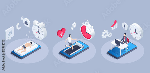 isometric vector illustration on a gray background, a man sleeps on an alarm clock, runs on a stopwatch and works on the clock, a smartphone application for timing