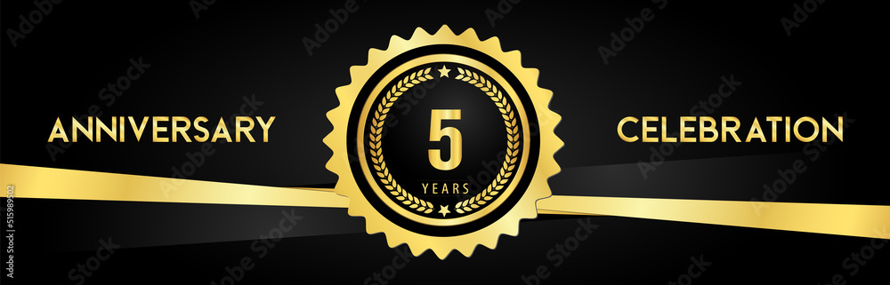 5 years anniversary celebration with gold badges and laurel wreaths isolated on luxury background. Premium design for banner, poster, happy birthday, graduation, invitation card. 5 years anniversary celebration with gold badges and laurel wreaths isolated on luxury background. Premium design for banner, poster, happy birthday, graduation, invitation card.