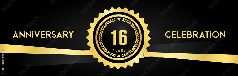 16 years anniversary celebration with gold badges and laurel wreaths isolated on luxury background. Premium design for banner, poster, happy birthday, graduation, invitation card.
