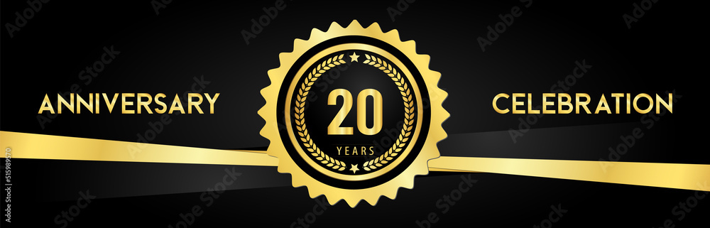 Naklejka premium 20 years anniversary celebration with gold badges and laurel wreaths isolated on luxury background. Premium design for banner, poster, happy birthday, graduation, invitation card.