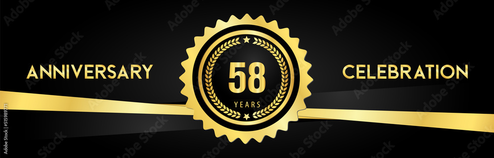 58 years anniversary celebration with gold badges and laurel wreaths isolated on luxury background. Premium design for banner, poster, happy birthday, graduation, invitation card.