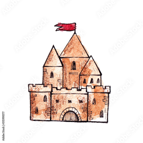 watercolor illustration of a sand castle. summer, vacation, beach. sea games. castle for princess and knight. children's illustration for printing in books, on stickers, postcards, souvenirs. doodle 