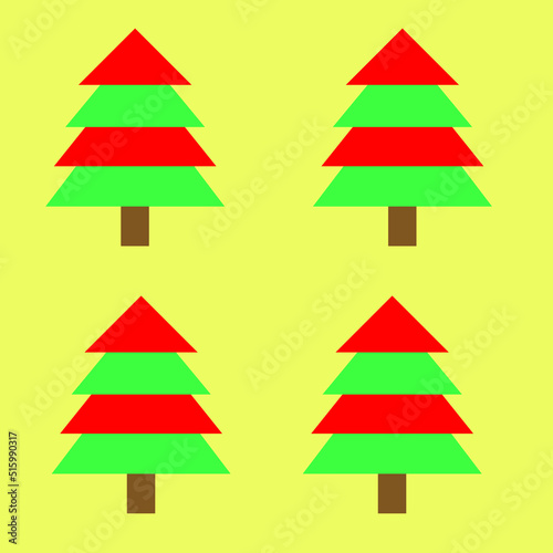 set of Christmas trees on yellow background