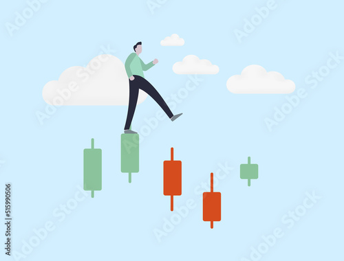 Trading mistakes, volatility on crypto and stock market, risk and uncertainty. A novice businessman underestimate the possible consequences, confidently walks a risky and volatile investment chart