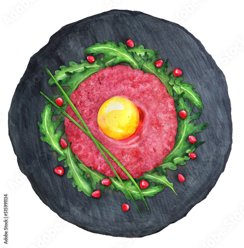 Billede på lærred Beef tartare served with arugula watercolor