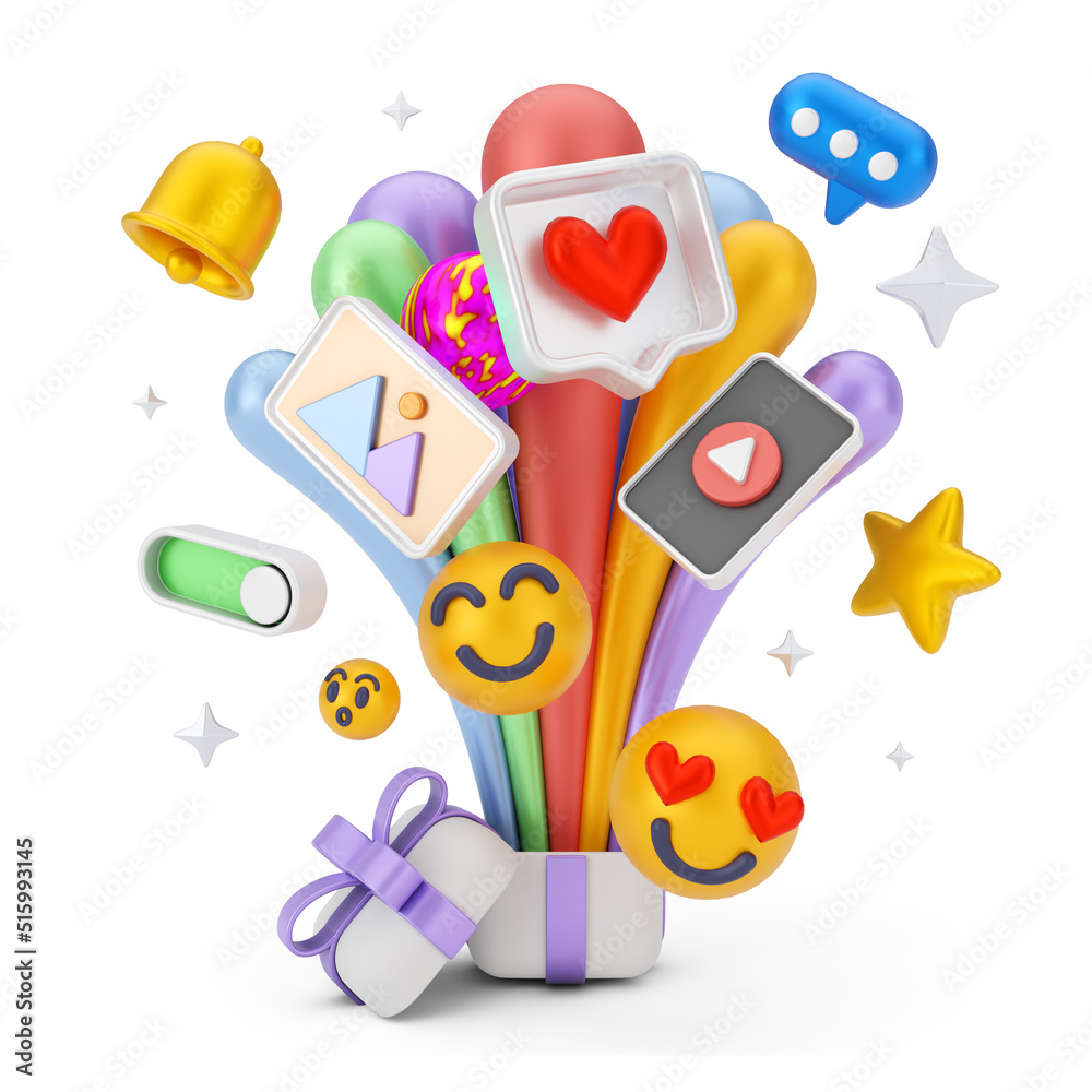 Creative concept of 3d render social media marketing cartoon illustration with 3d floating icon. 3D rendering Creative concept of 3d render social media marketing cartoon illustration with 3d floating icon. 3D rendering