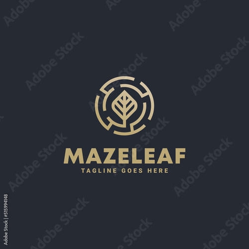 minimalist gold maze leaf geometry line art icon logo template vector illustration design. simple ecology, agriculture, environment, and industry logo concept