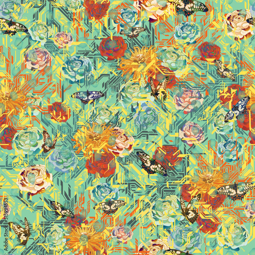 VECTOR SEAMLESS PATTERN bold modern chinoiserie floral. Summer garden art print with butterflies and psychedelic vibe. future retro vintage roses and modern lines and shapes