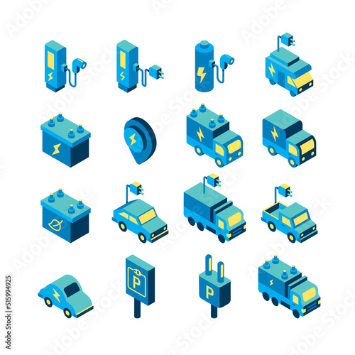 electric vehicle logo isometric flat color icons set. EV ECO clean energy technology icon. simple design vector