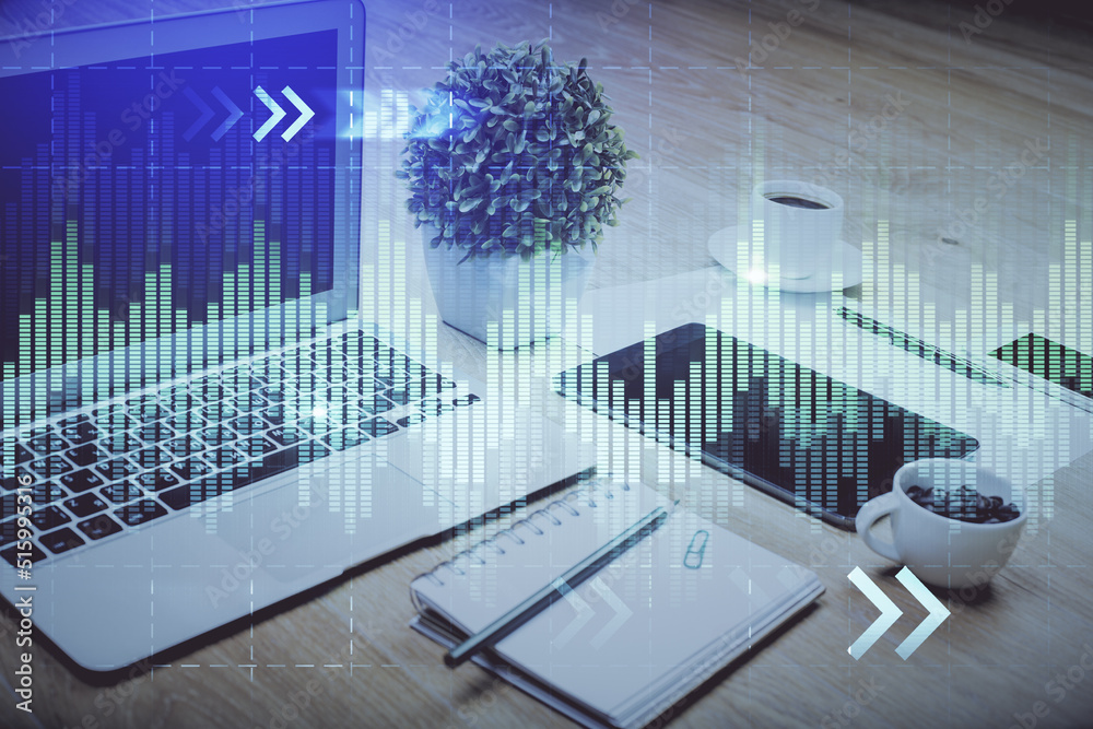 Forex market graph hologram and personal computer on background. Multi exposure. Concept of investment.