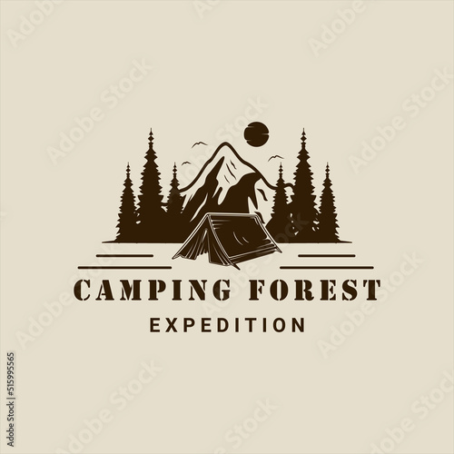 camping at forest and mountain logo vector vintage illustration template icon graphic design. outdoors travel sign or symbol for adventure and wanderlust concept
