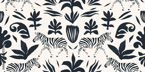 Hand drawn abstract botanical shapes and zebras pattern. Collage contemporary print. Fashionable template for design.