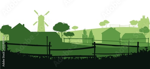 Rural farm. With fields, pastures and buildings. Picture silhouette. Breeding domestic farm animals and plants. Isolated on white background. Vector