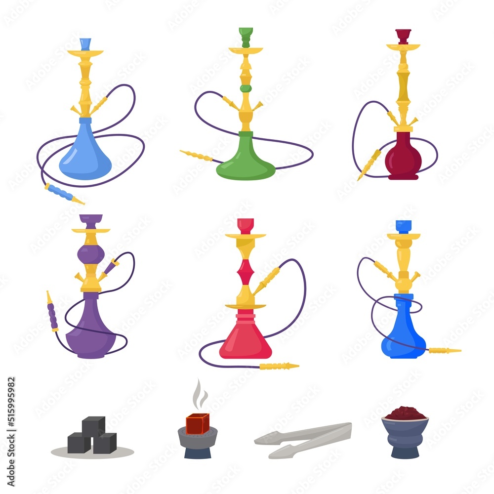 Hookah. authentic arabian devices for hookah smoking bad addiction oriental symbols. Vector templates Hookah. authentic arabian devices for hookah smoking bad addiction oriental symbols. Vector templates