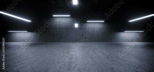 Fototapeta Naklejka Na Ścianę i Meble -  Big Rough Concrete Grunge Asphalt Cement Dark Glowing Lights Underground Studio Hallway Parking Room Bunker Bomb Shelter Basement 3D Rendering