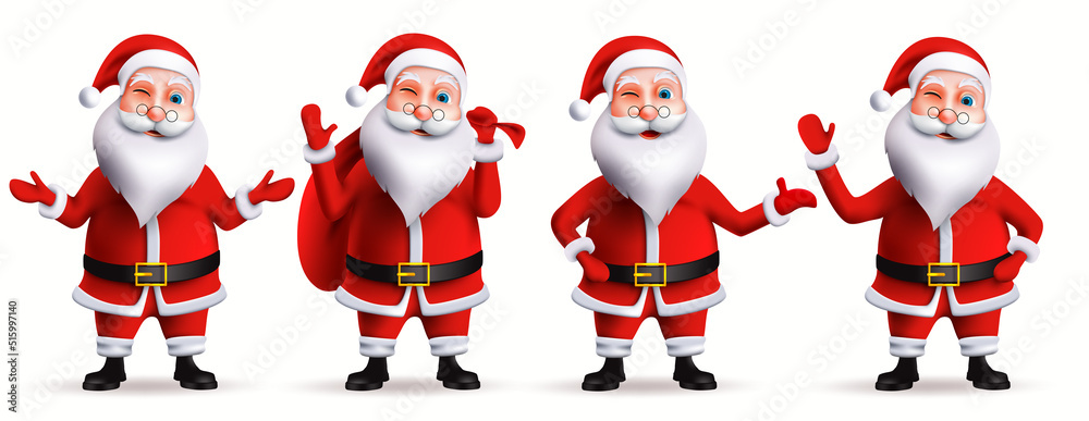Santa claus christmas characters vector set. Santa claus in 3d realistic characters in friendly facial expression isolated in white background for xmas collection design. Vector illustration.
Santa claus christmas characters vector set. Santa claus in 3d realistic characters in friendly facial expression isolated in white background for xmas collection design. Vector illustration.