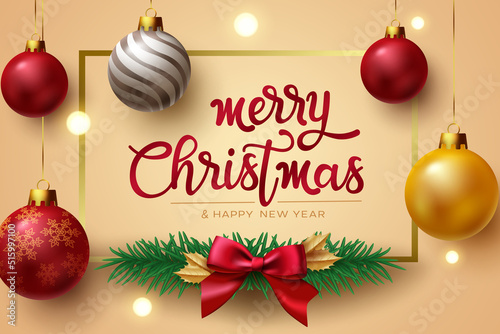 Merry christmas vector background design. Merry christmas greeting text with ribbon and hanging xmas balls for holiday season. Vector illustration.
