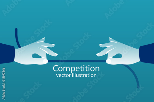 Concept of business competition. Businessmen pull the rope as a symbol of rivalry, competition, conflict. Tug of war. Vector illustration, flat design. Corporate conflicts.