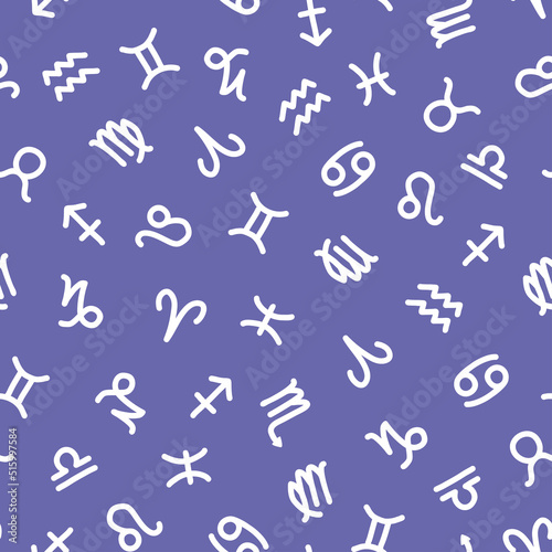 White zodiacal signs seamless pattern with purple background.