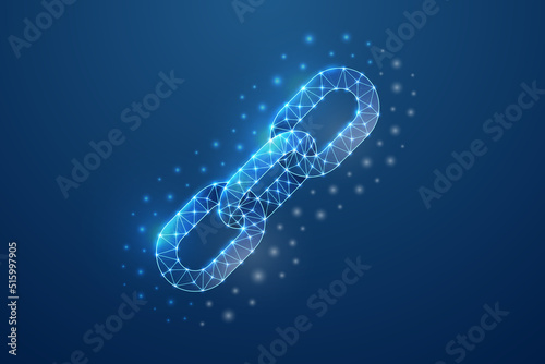 Chain 3d symbol in blue low poly style. Chainlink, hyperlink, cooperation design concept illustration. Blockchain polygonal wireframe.
