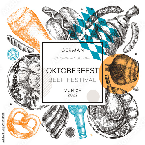 Oktoberfest wreath in collage style. German food and drinks menu design. Vector meat dishes sketches. German cuisine vintage frame. Oktoberfest party. Beer festival background
