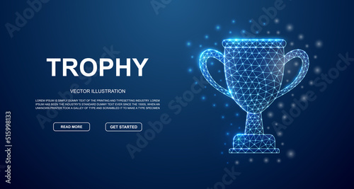 Trophy cup 3d low poly symbol with connected dots for blue landing page template. Champion design illustration concept. Polygonal Winner illustration