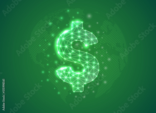 Dollar 3d low poly symbol with green world map background. Money concept design vector illustration. Finance polygonal symbol with connected dots